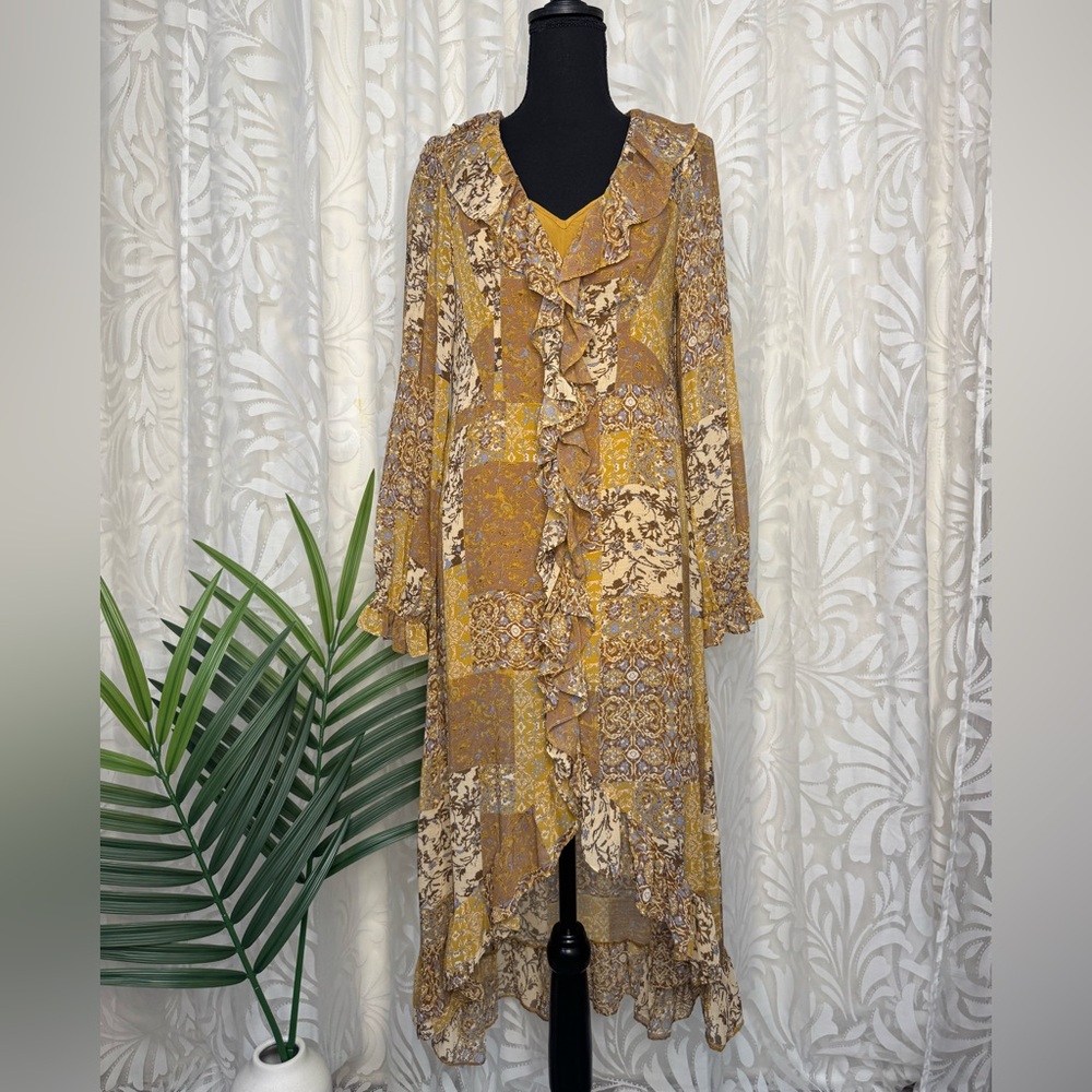2 Piece Patchwork Ruffle High Low Semi Sheer Dress with Detachable Camisole - Picture 4 of 14